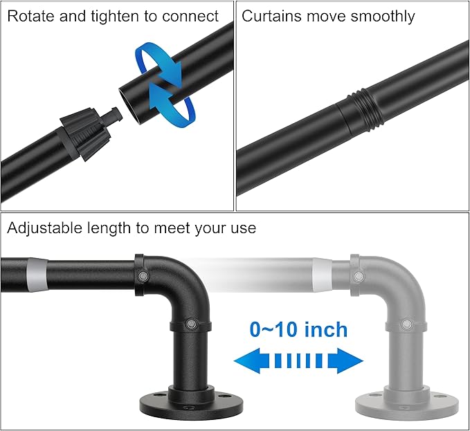 Industrial Curtain Rods for Windows 28 to 48 inch, Wrap Around Blackout Heavy Duty Curtain Rod, 1 Inch Black Outdoor Drapery Rods 2 Pack