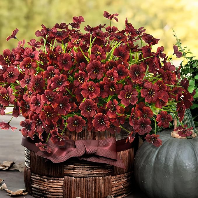 Artificial Fake Plants Flowers for Outdoor Outside Fall Decoration,24 Bundles Faux Silk Daisy in Planter UV Resistant Look Real for Home Front Door Porch Patio Garden Balcony Autumn Decor(Brown)