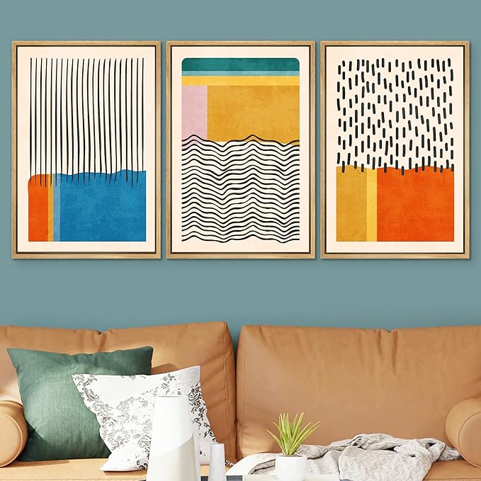 SIGNWIN Framed Canvas Print Wall Art Set Mid-Century Vibrant Color Block Collage Abstract Geometric Illustrations Graffiti & Street Art Modern Art for Living Room, Bedroom, Office - 24"x36"x3 Natural