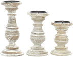 Deco 79 Mango Wood Decorative Candle Holder Turned Style Pillar Candle Stand, Set of 3 Candlestick Holder 6", 8", 10"H, Cream