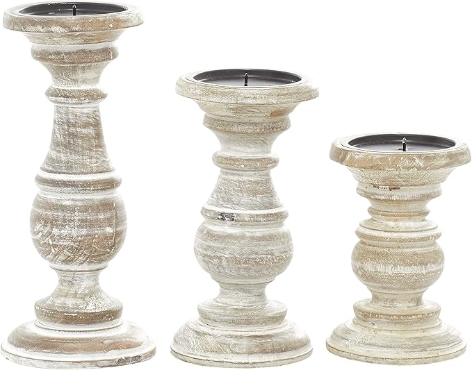 Deco 79 Mango Wood Decorative Candle Holder Turned Style Pillar Candle Stand, Set of 3 Candlestick Holder 6", 8", 10"H, Cream
