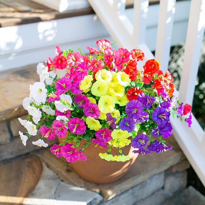 HyeFlora Artificial Flowers for Outdoors Fake Plants Outside Decoration, 12 Bundles Silk Colorful Morning Glory with Eucalyptus UV Resistant Realistic Faux Flowers for Planter Porch Patio Yard Garden