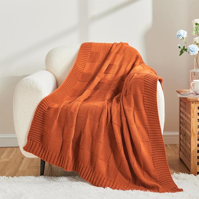 CozeCube Check Knit Throw Blanket, Rust Orange Checkered Throw for Couch, Decorative Christmas Soft Cozy Warm Knitted Blanket for Bed Sofa Living Room, 60"X80"