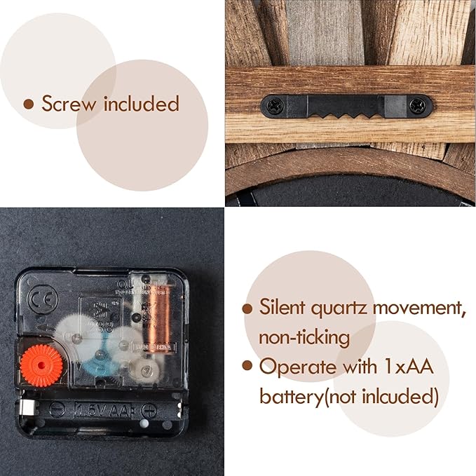 Honiway Wall Clock Battery Operated 12 in Rustic Wood Boho Sunburst Decorative Wall Clock Silent Non Ticking Farmhouse Small Wall Clocks for Living Room Kitchen Bathroom Bedroom Decor (Tricolor)