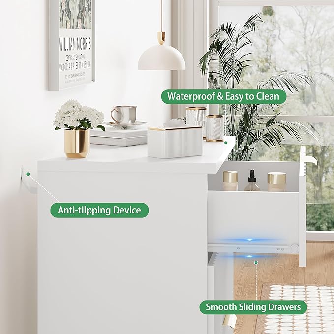 Fluted Nightstand, 24" Wide Side Table with 3 Large Storage Drawers, Mid Century Modern Wood Night Stand with Metal Handle, Wooden Bedside End Table for Bedroom, Living Room, Closet, White