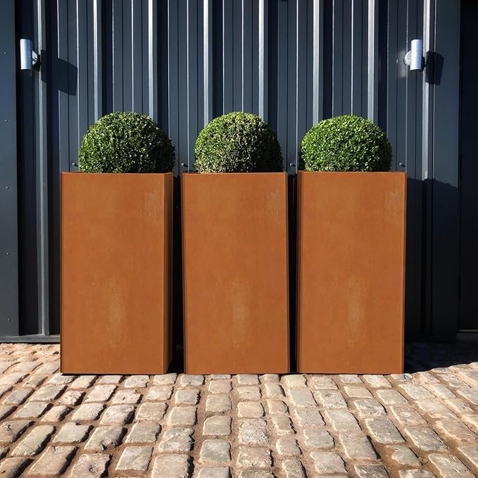 Modern Cor Ten Steel Planter – 28” Tall Planters with Removable Insert Shelf | Heavy-Duty Rust-Resistant Metal Planter Box for Patio, Porch & Garden (14x14x28in)