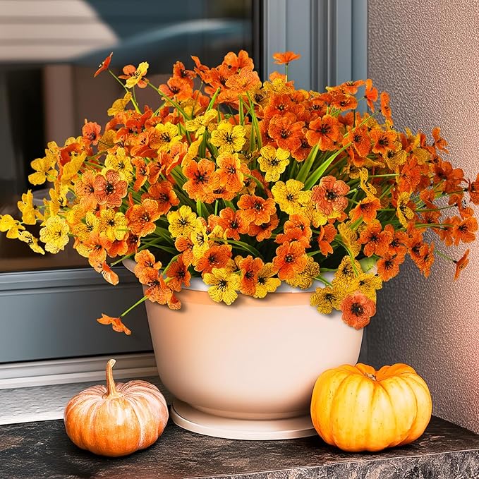 Artificial Fake Plants Flowers for Outdoor Outside Fall Decoration,12 Bundles Faux Silk Daisy in Planter UV Resistant Look Real for Home Front Door Porch Patio Garden Balcony Autumn Decor