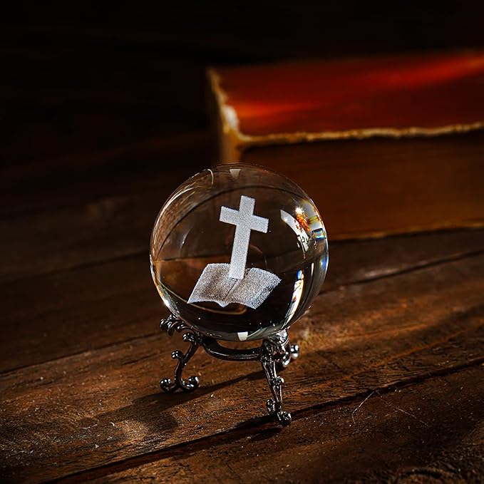 ZEERSHEE 3D Laser Engraved Cross Bible Crystal Ball with Stand Religious Christian Collectible Decoration for Home Office