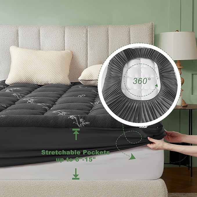 BEDLORE Full Size Mattress Topper Viscose Derived from Bamboo, Thick Pillow Top Mattress Pad with Stretchable Pockets for 6"-15" Mattress, Breathable Mattress Topper for Back Pain Relief(Dark Gray)