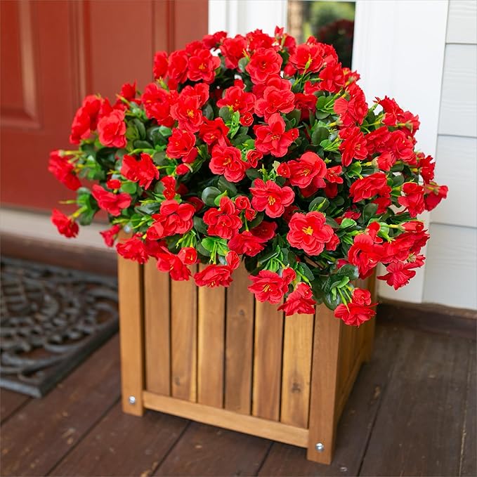 Artificial Faux Flowers Plants for Outdoor Outside Fall Decor, Fake Silk Red Camellia UV Resistant Look Real for Planter Porch Patio Balcony Garden Table Indoor, 3 Large Bundles