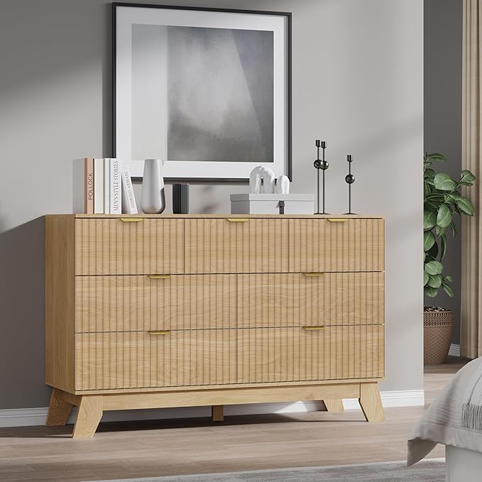 Fluted 7 Drawer Dresser, 47.2" Wide Modern Boho Chest of Drawers, Wooden Storage Dresser TV Stand for Bedroom, Living Room, Closet, Hallway, Curved Profile Design
