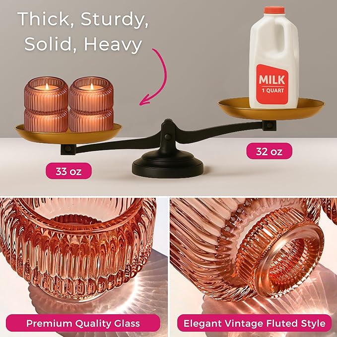 Kate Aspen Rose Gold Taper Candle Holders for Candlesticks Set of 4, Ribbed Glass Candlestick Holders, Votive Candle Holder Decor Accents, Pink Room Styling, Wedding & Home Centerpieces, Table Decor