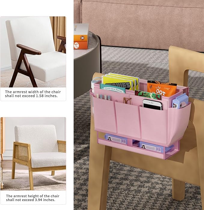 Bedside Caddy, Bed Organizer with 11 Pockets and Power Strip Holder, Versatile Bedside Storage Caddy for Home,Dorm,Bunk,Hospital,Crib Bed (2 Pack Pink)