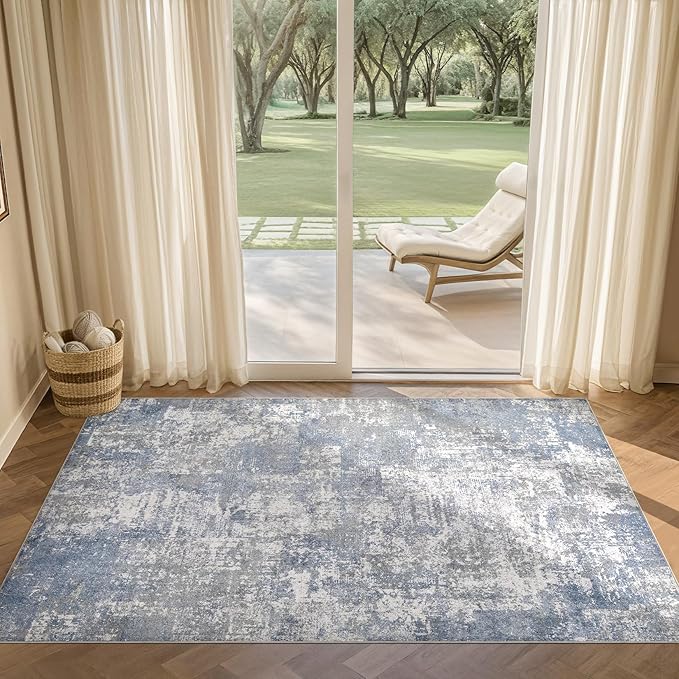 Tortania Washable 3x5 Area Rug - Modern Abstract Neutral Rugs Indoor Soft Thin Mat Non Slip Carpet for Entrance Front Door Living Room Bedroom Home Floor Decoration - Blue Grey
