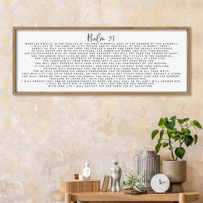 LuZhiQiang Psalm 91 Wall Decor Art 40"×15" Bible Verse Sign for Family Bedroom Christian Large Wood Framed Wall Hanging (Wood)