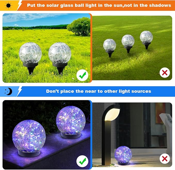 Solar Globe Lights Outdoor Waterproof-Solar Balls-Solar Garden Lights-Orbs for Outside 2 Pack Cracked Glass Ball for Lawn Patio Yard Backyard Decorations