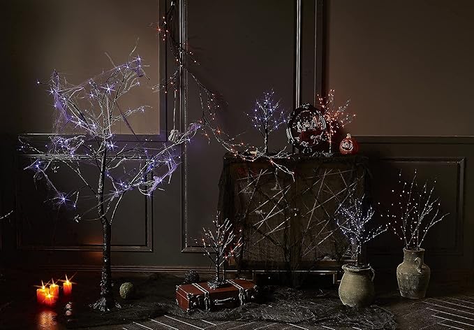 LITBLOOM Lighted Spooky Halloween Tree with Timer Battery Operated or USB Plug in, Pre-lit Black Glittered Tabletop Tree with Orange Lights 24L 18IN for Halloween Home Party Decoration Indoor