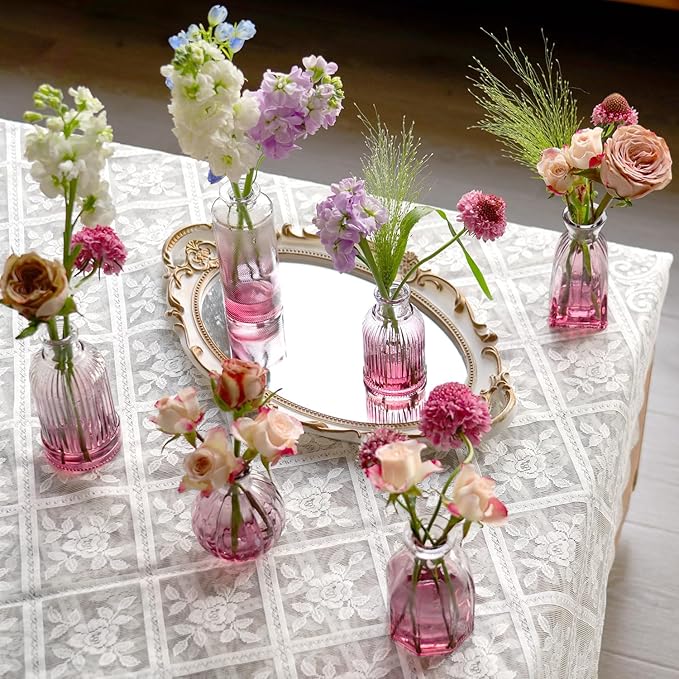 Bud Vases Set of 12, Small Purple Vase Glass Vases for Flowers Vintage Ribbed Colored Wedding Flower Vase for Decor in Bulk Decor Bridal Shower Centerpieces Home Table Decoration