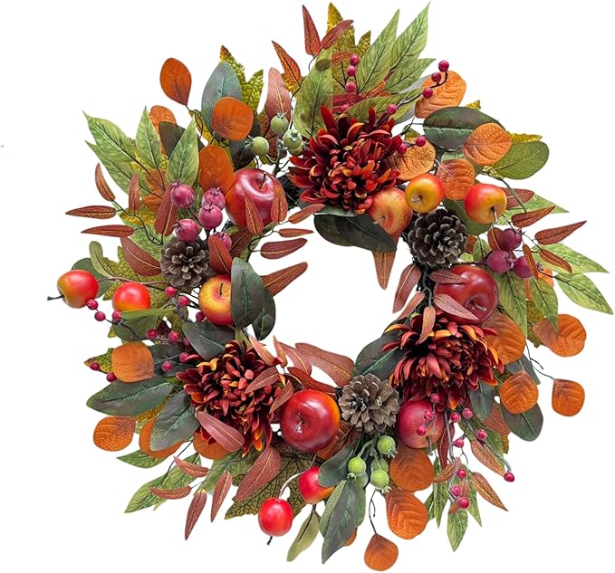 22 Inch Fall Chrysanthemum Wreath Harvest Floral Wreath with Apples Pinecones Berries and Eucalyptus Maple Leaves for Fall Thanksgiving Halloween Mantel Table Outdoor Front Door Wall Window