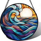 Stained Glass Window Hanging, Big Wave Sun Suncatcher Diamond Glass Panel Hangings Abstract Sun Catchers Decor for Birthday for Women, Men, Wife, Aunt, and Mom 14.9x14.9 in