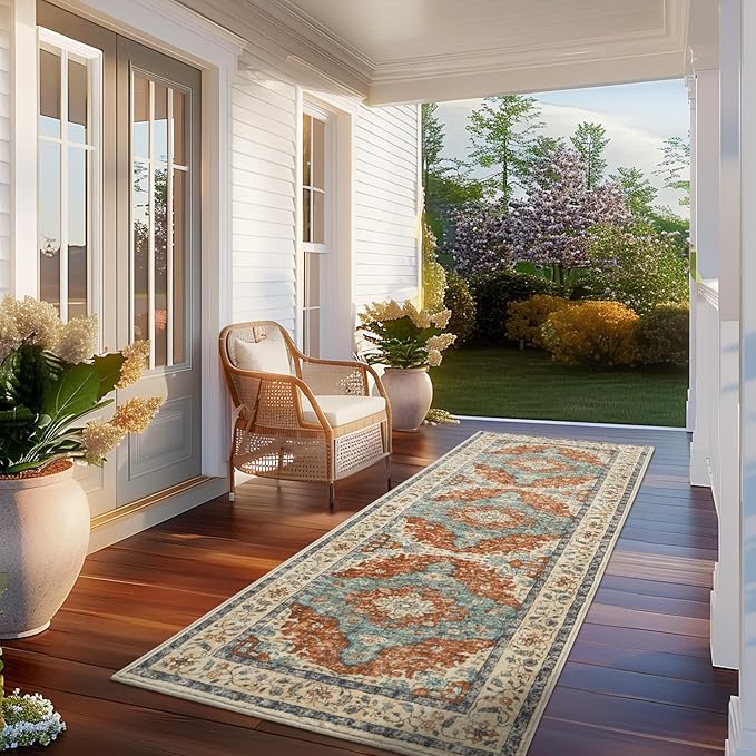 Topllen Runner Rug - 2'x6' Boho Washable Kitchen Rug, Non-Slip Soft Low Pile Rugs Indoor for Entrance Living Room Bedroom Bathroom,Vintage Throw Hallway Carpet Stain Resistance (Rust, 2x6ft)