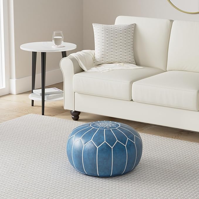 Genuine Leather Round Pouf Cover - Handmade Moroccan Ottoman Footstool, Unstuffed Footrest Under Desk - Boho Decor - Bohemian Living Room, Bedroom, Kids Room - Housewarming Gift & Wedding