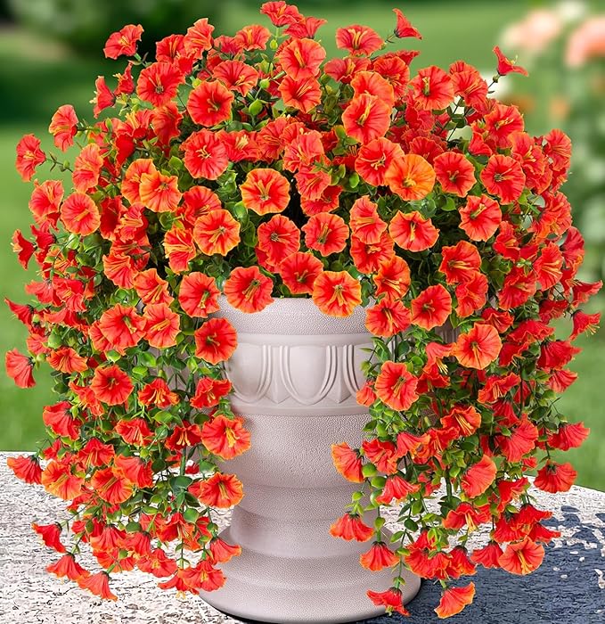 Artificial Faux Fall Hanging Flowers Plants for Outdoor Decor,2 PCS Fake Silk Morning Glory with Eucalyptus UV Resistant Realistic Mums for Wall Home Porch Patio Balcony Yard Indoor Decor, Orange