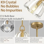 Botanist Crystal Dome Pendant Light Fixture,7" Crystal Modern Brass Pendant Lights Kitchen Island, Hanging Crystals Dome Pendant, Gold Kitchen Pendant Lighting Over Island,E12 Bulb Included