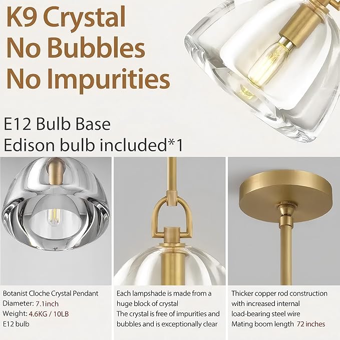 Botanist Crystal Dome Pendant Light Fixture,7" Crystal Modern Brass Pendant Lights Kitchen Island, Hanging Crystals Dome Pendant, Gold Kitchen Pendant Lighting Over Island,E12 Bulb Included