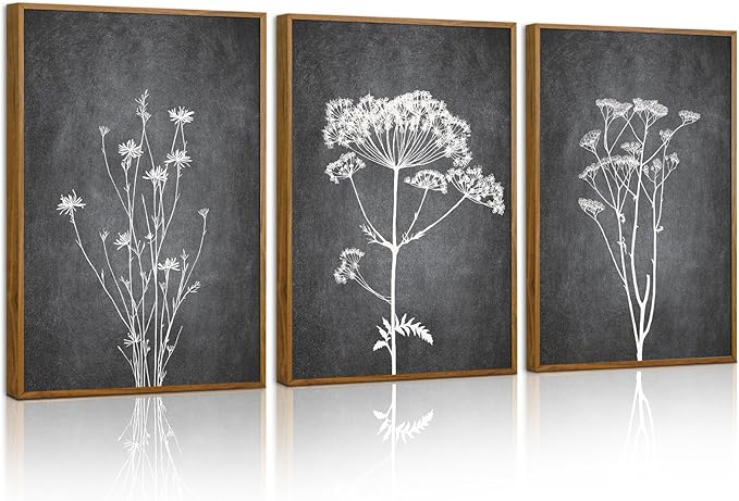 Tinonedraw Black and White Botanical Framed Canvas Wall Art Set, Vintage Floral Wall Decor, Dark Academia Minimalist Plant Art Paintings, Abstract Wildflower Art Print for Living Room Bedroom 16"x24"x3