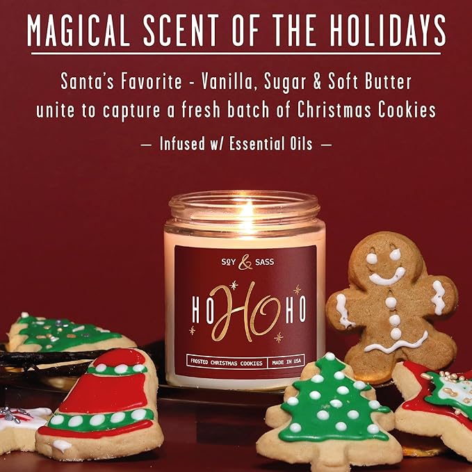 Christmas Candles Scented – ‘Ho Ho Ho’ Soy Christmas Candle, with Santa's Cookies Scent - Infused with Essential Oils I Holiday Candles I 9oz, 50Hr, Made in USA
