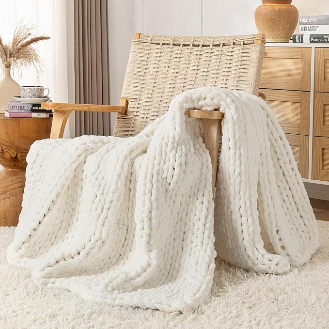 Chunky Knit Blanket Throw, 100% Hand Knit Throw Blanket Handmade Chenille Cable Knit Throw for Couch, Stylish Cozy Soft Rope Knot Crochet Blanket for Home Decor, Ivory, 60x80 Inches