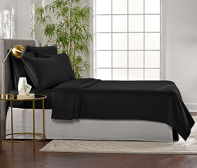 Queen Sheets by Pure Bamboo, Genuine 100% Organic Viscose Derived from Bamboo Bed Sheet Set, Luxuriously Soft & Cooling, Double Stitching, Lifetime Quality Promise (Queen, Black)