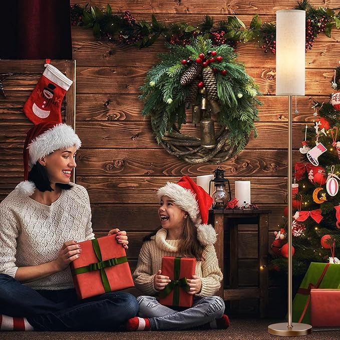 Ambimall Floor Lamp for Living Room with 3 Color Temperatures Bulb, 64" Standing lamp with Linen lampshade for Bedroom, Minimalist Pole Lamp, Dark Beige Shade & Brown Pole