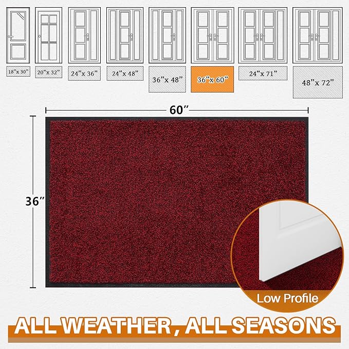 Mibao Front Door Mat, Dirt Trapper Welcome Mat for Outdoor Indoor, Non-Slip Waterproof Doormat, Durable Machine Washable Low Profile Entry Rug for Back Door Outside Patio Porch, 60" x 36", Red