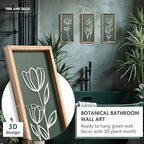 3D Floral Green Wall Art (Set of 3) Lightweight, Wooden Ready-to-Hang Boho Framed Wall Art for Bathroom, Master Bedroom, Living Room or Office - Premium Sage Green Farmhouse Decor - Gift-Boxed