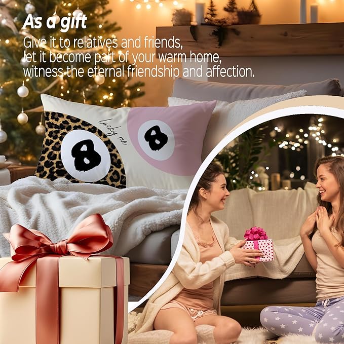 Trendy Leopard Lucky 8 Ball Pillow Covers 20x12, Cheetah Leopard Print Room Decor, Funky Preppy Leopard and Black Billiards Decorative Throw Pillow Covers for Girls Dorm Apartment，Set of 2