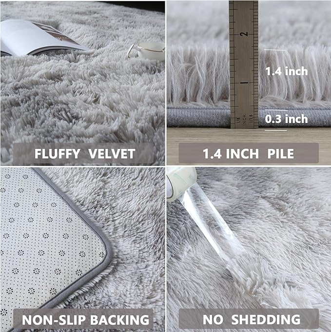 Living Room Area Rug 8x10 - Grey Plush Shag Rugs for Living Room Bedroom - Large Modern Soft Indoor Non-Slip Shaggy Floor Carpet,Tie-Dyed Light Gray