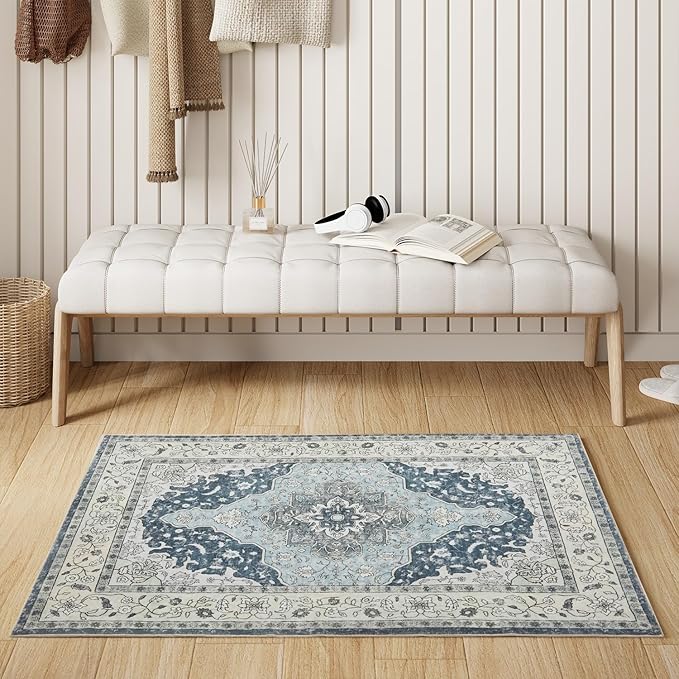Topllen Entryway Rug - 2'x3' Boho Soft Low Pile Washable Area Rug, Non-Slip Small Rugs Indoor for Front Door Entrance Kitchen Bathroom, Vintage Carpet Stain Resistance (Blue, 2x3ft)
