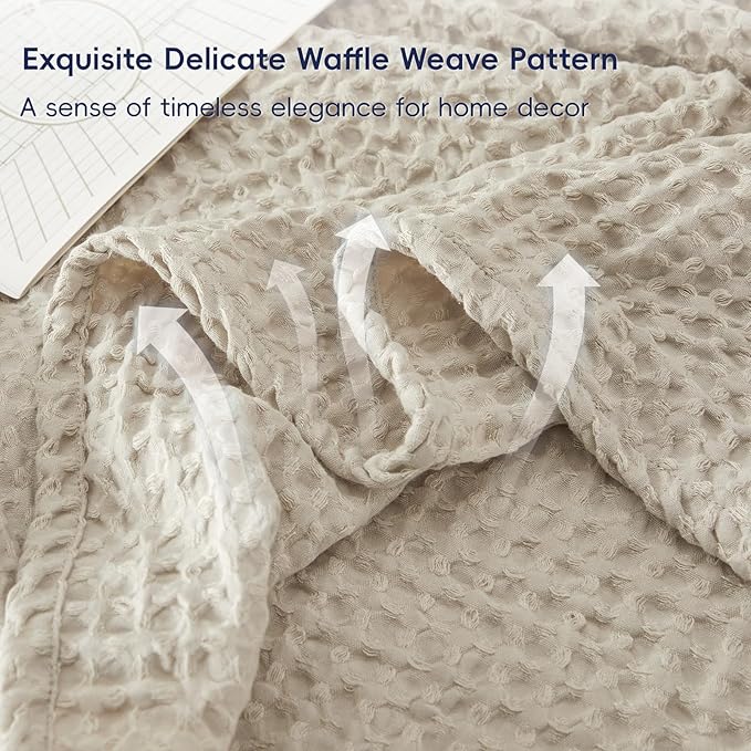 PHF Ultra Soft Waffle Weave Throw Blanket 50"x 60"- Washed Lightweight Breathable Cozy Woven Blanket for Bed - Aesthetic Decor for Couch Bedding Sofa Home Car - Light Khaki/Linen