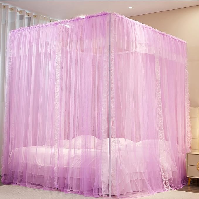 4 Corners Post Princess Curtains Bed Canopy for Girls 8 Panels Curtain- Double Layer Sheer Mesh Canopies Drapes Girls Room Decor (8P-Purple/White, 4P(33"x82") W+4P(43"x82") L/(Queen))