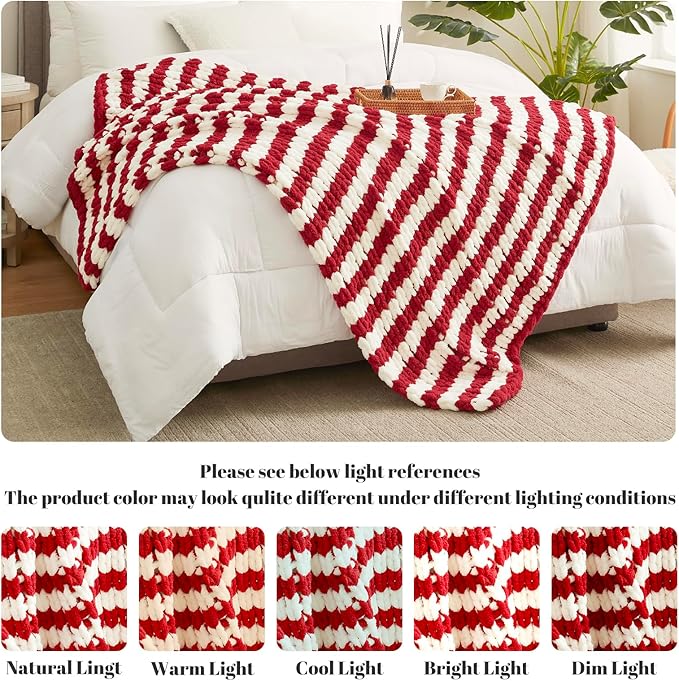 Amélie Home Chunky Knit Blanket Throw, Thick Soft Yarn Chunky Throw 50x60, Handmade Chenille Cable Knitted Crochet Throw Blanket, Warm Rope Knot Blanket for Couch Bed Sofa, Red White Stripe