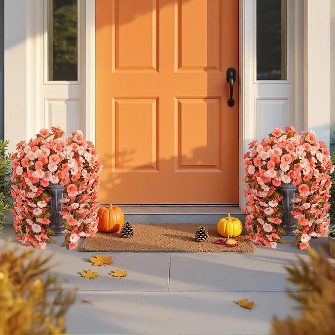 HyeFlora Artificial Fake Fall Hanging Flowers for Outdoor Decor, 2PCS Faux Silk Morning Glory Hanging Plants Mums Vine for Home Garden Wall Party Indoor Outside Decoration (Fall Orange+Light Orange)