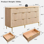 T4TREAM 7-Drawer Dresser Fluted Design, with Gold Accents (Natural Oak)