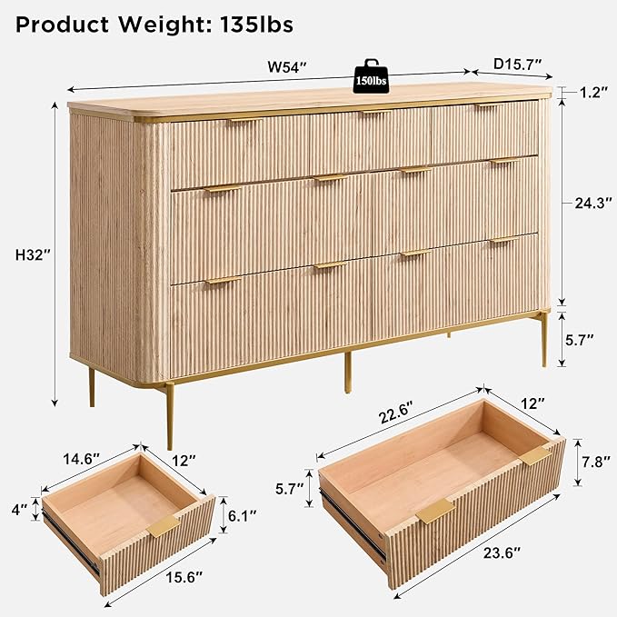 T4TREAM 7-Drawer Dresser Fluted Design, with Gold Accents (Natural Oak)
