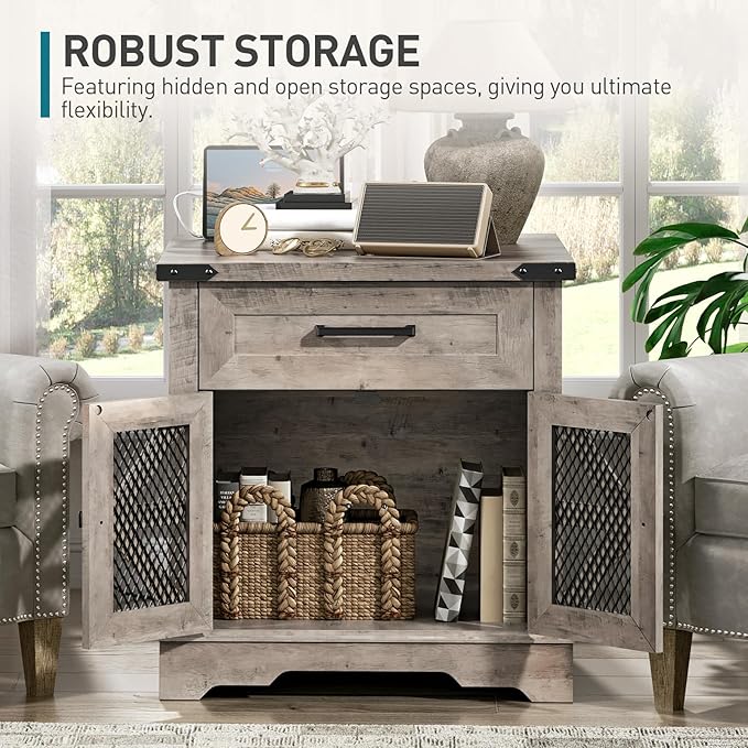 Farmhouse End Table with Charging Station, 24" Large Sofa Side Table with Drawer, Large End Table for Living Room, Wooden Nightstand with Outlet, Square, Greige