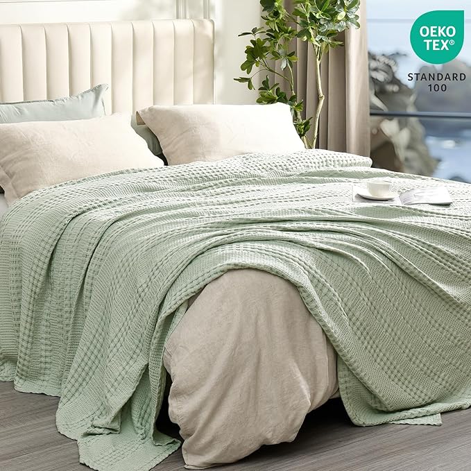PHF Cooling Waffle Blanket King Size, Lightweight 60% Rayon Derived Bamboo & 40% Cotton Breathable Blanket for Hot Sleepers, Soft and Luxury for Bed Couch and Sofa, 104"x90", Mint
