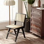 Accent Chair Dining Chairs Set of 2, Solid Wood Frame Boho Rattan Chair, Mid Century Modern Accent Chairs for Living Room Bedroom Dining Room Kitchen(Black)