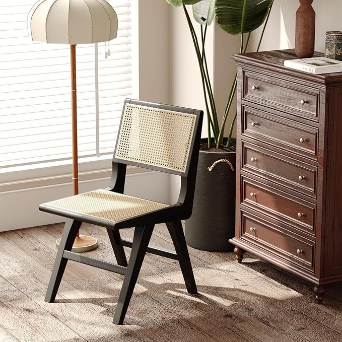 Accent Chair Dining Chairs Set of 2, Solid Wood Frame Boho Rattan Chair, Mid Century Modern Accent Chairs for Living Room Bedroom Dining Room Kitchen(Black)