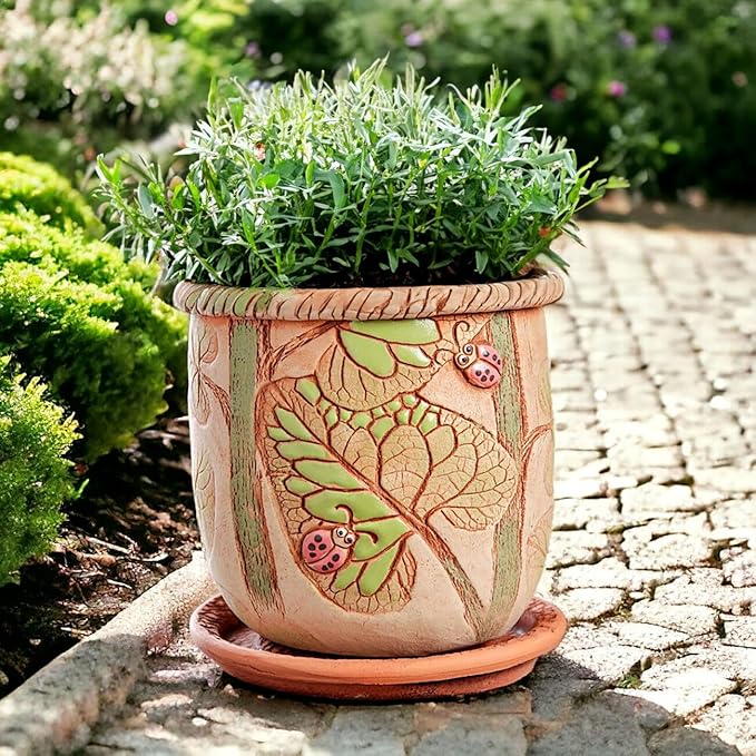 Ceramic Pot with Drainage Hole and Saucer, Plant Pots, Modern Decorative Planters for House Plants Indoor Flowers Plants, Cute Flower Pot - Gifts (Ladybugs (1.6 L))